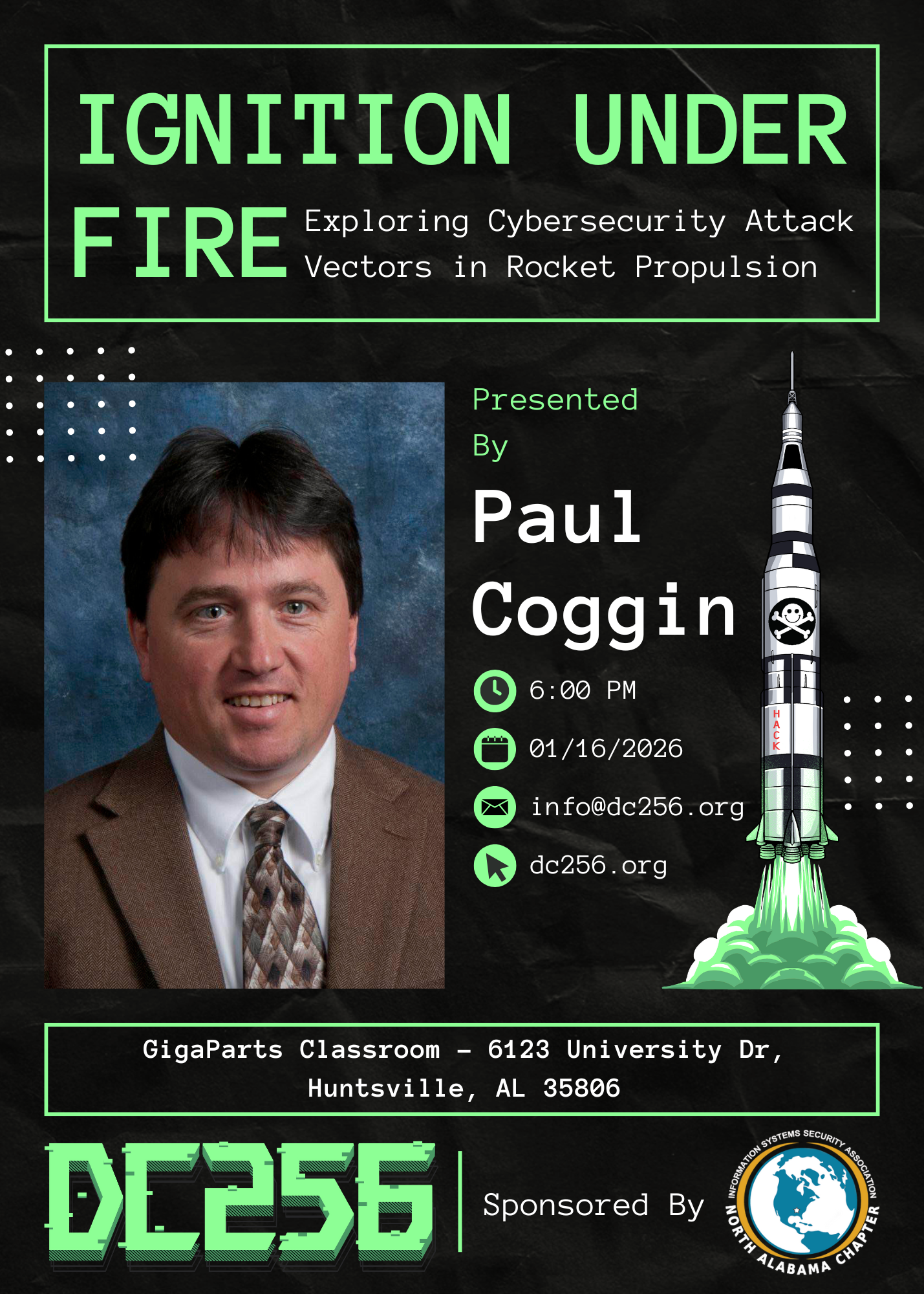 Flyer for January 2026 DC256 Meetup - Paul Coggin - Ignition Under Fire