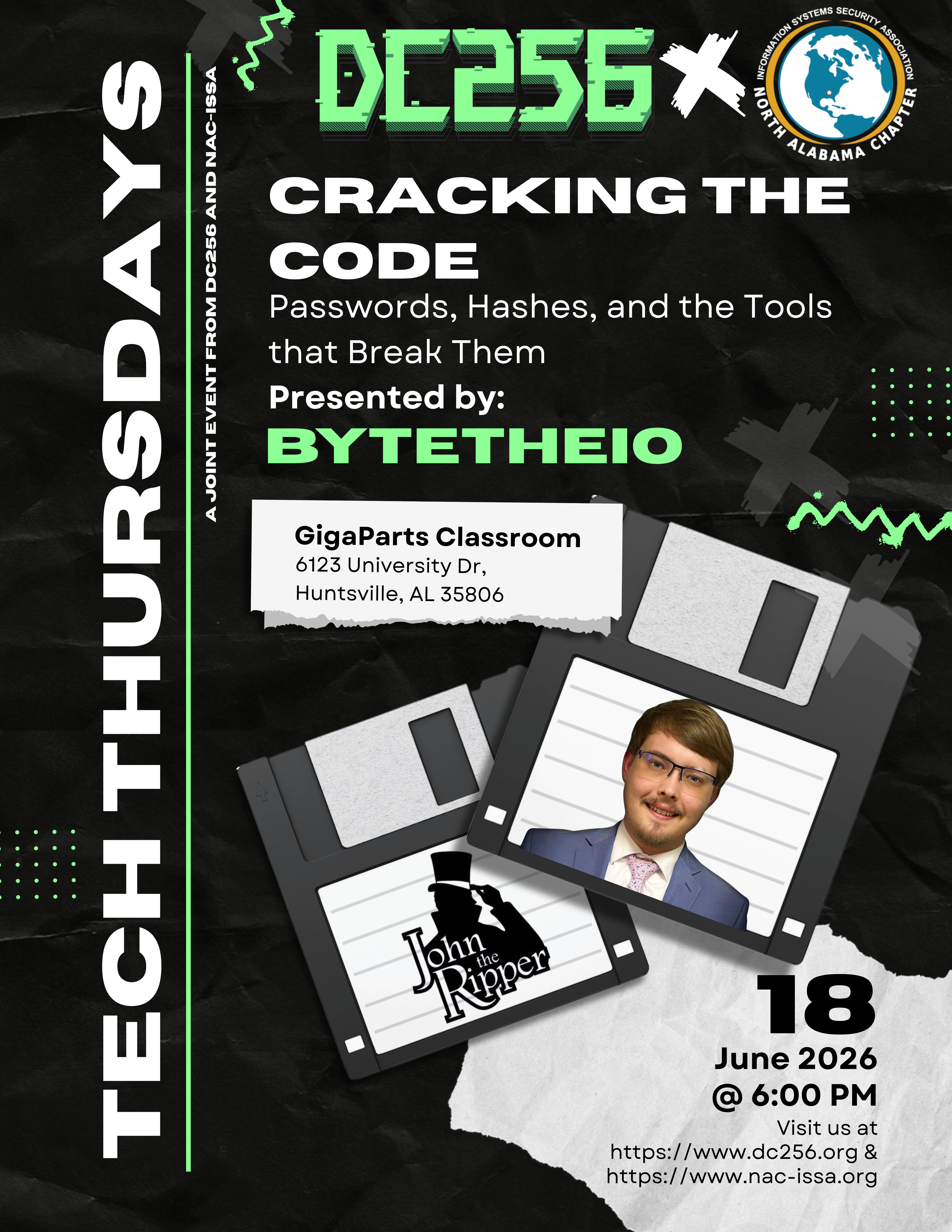Flyer for Tech Thursdays - Cracking the Code: Passwords, Hashes & the Tools That Break Them